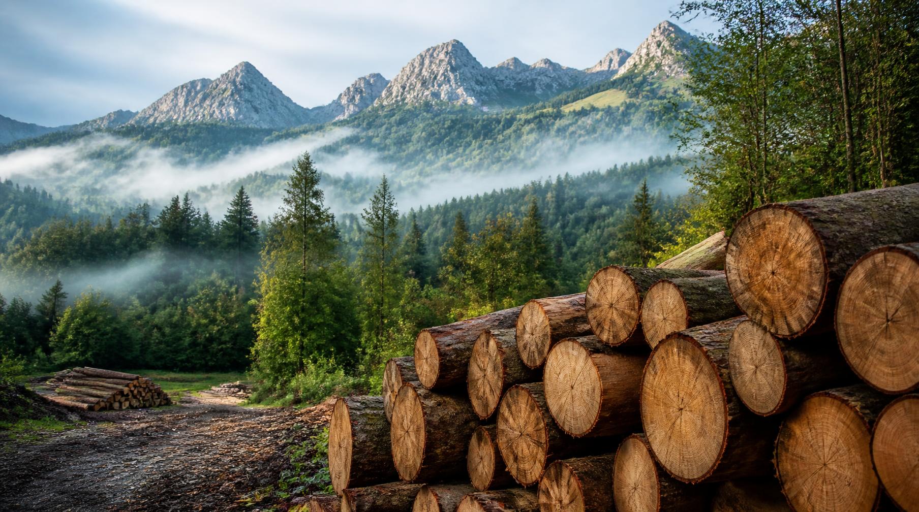 Gestapelte Eichenstämme vor einem Bergwald